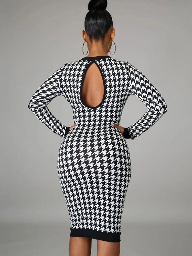 Houndstooth Long Sleeve Hollow Out Bodycon  Autumn Winter Club Elegant Slim Midi Dresses