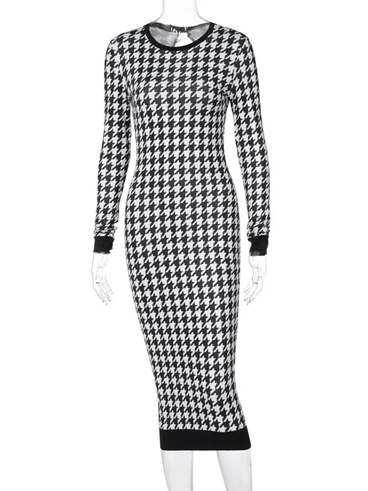 Houndstooth Long Sleeve Hollow Out Bodycon  Autumn Winter Club Elegant Slim Midi Dresses