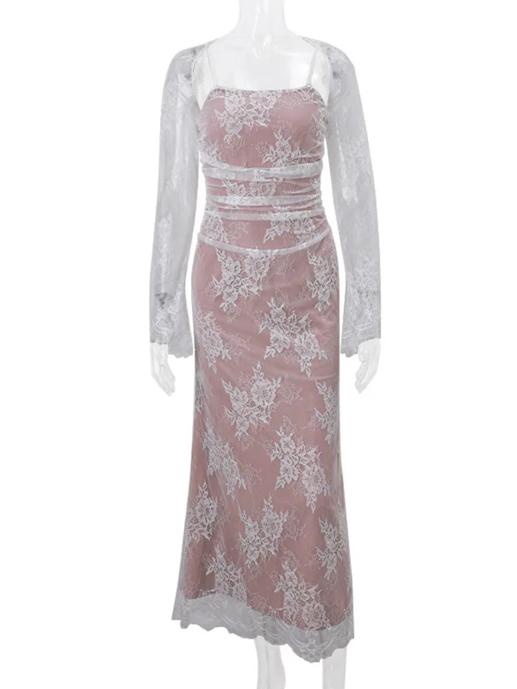 Spring Temperament See Through Slip Lace-up Evening Floral Dress