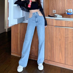 Full Length MID Straight Chains Softener Korean Sweet Straight Girls Jeans