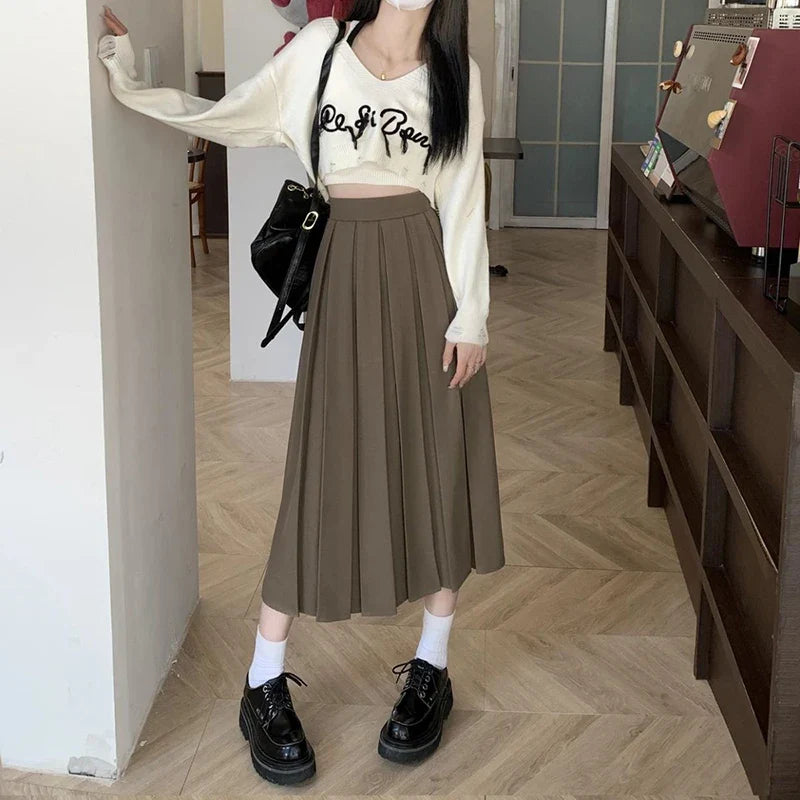 Preppy Style Back Elastic Pleated Long Skirt