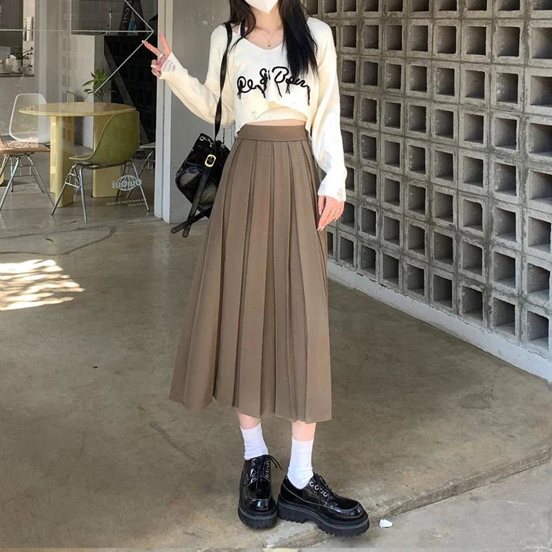 Preppy Style Back Elastic Pleated Long Skirt