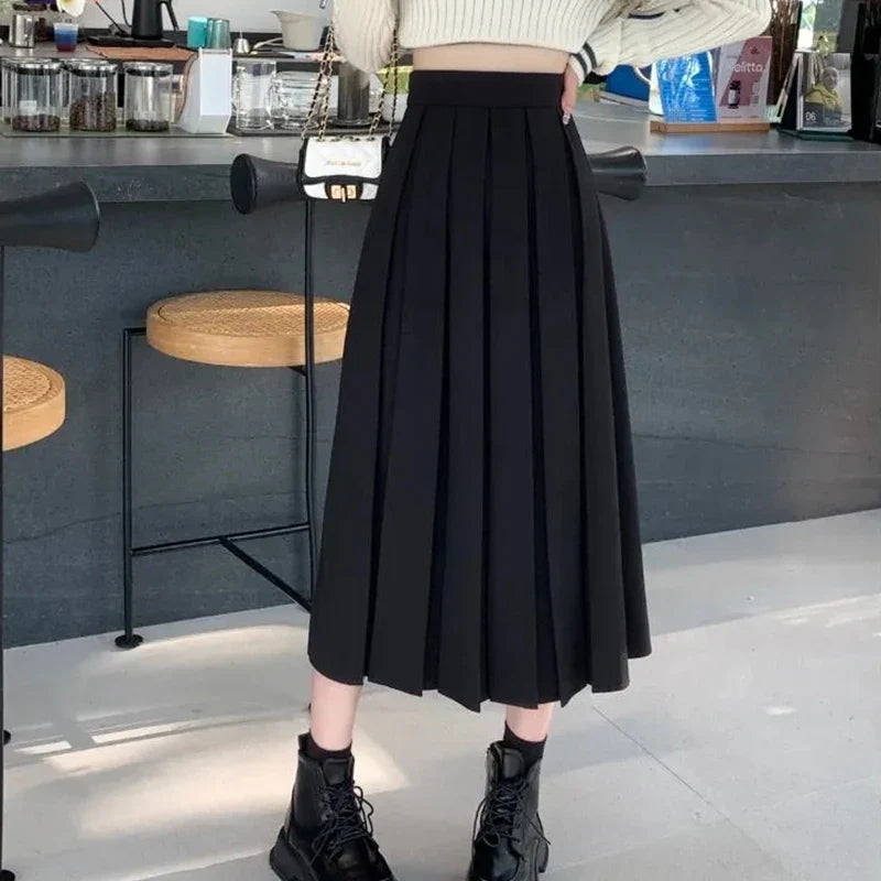 Preppy Style Back Elastic Pleated Long Skirt