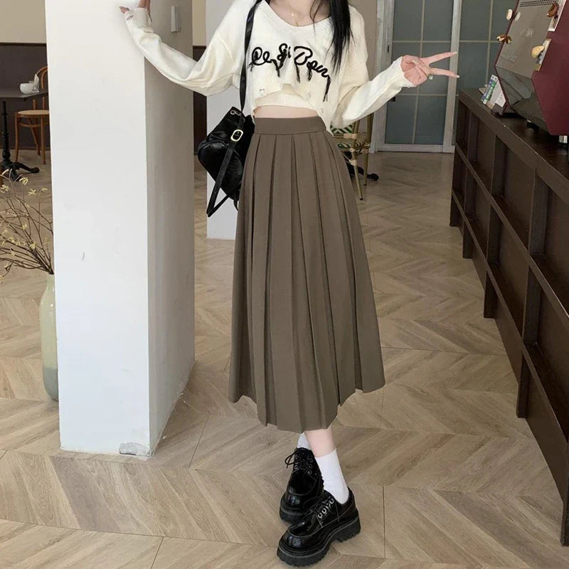 Preppy Style Back Elastic Pleated Long Skirt