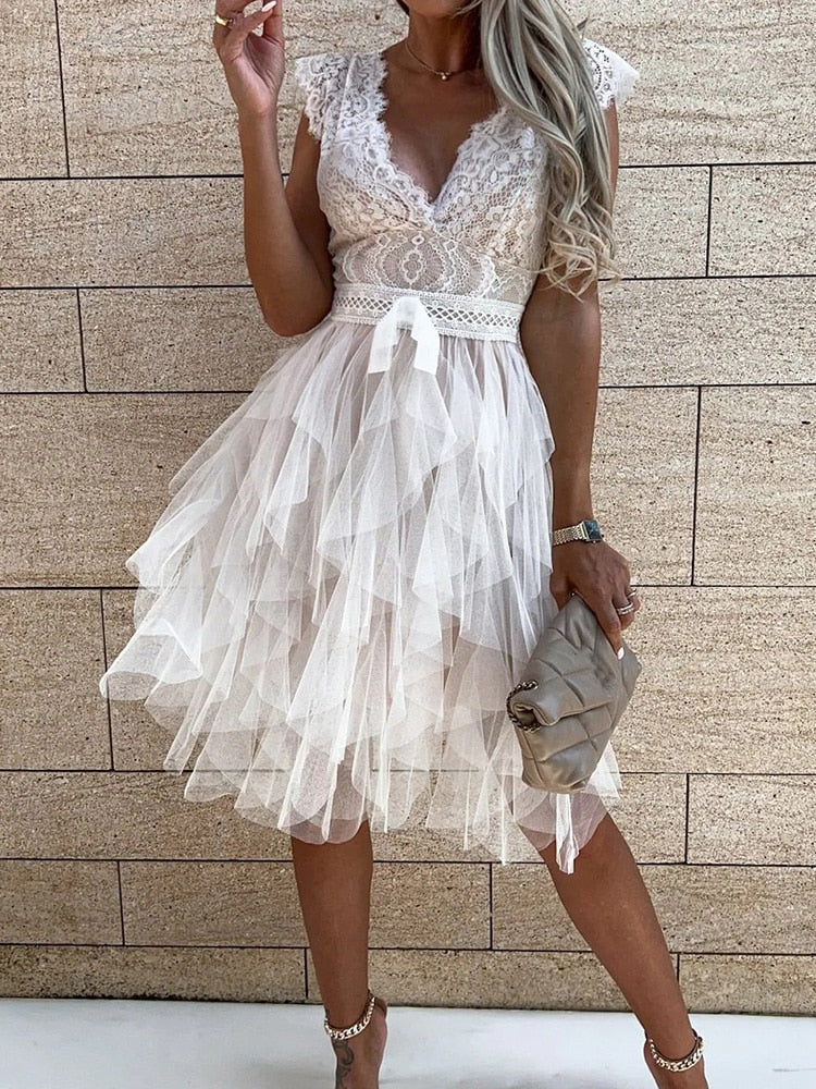 Lace Patchwork Asymmetrical White Dress Femme  Sleeveless Slim Fit Party