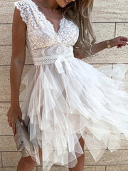 Lace Patchwork Asymmetrical White Dress Femme  Sleeveless Slim Fit Party