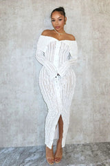Off Shoulder Long Sleeve Single Breasted Lace Dress