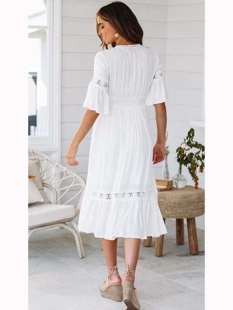 V Neck Lace Splice Boho Midi Dress