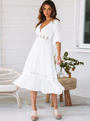 V Neck Lace Splice Boho Midi Dress