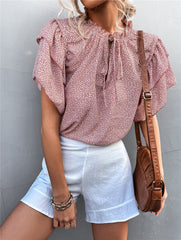 Lace-up V-Neck Leopard Print Top Casual T-Shirts