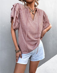 Lace-up V-Neck Leopard Print Top Casual T-Shirts