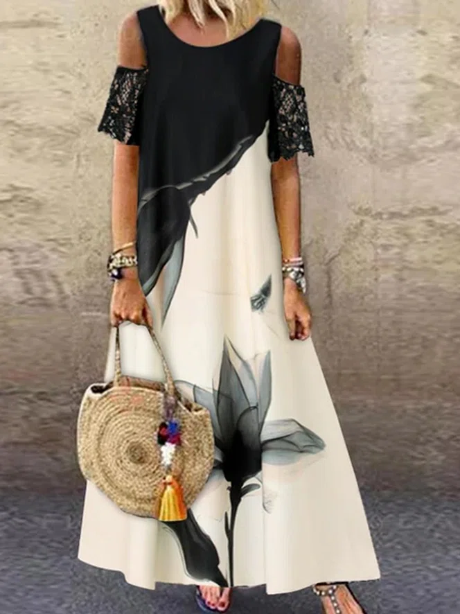 Lace Floral Vacation Short Sleeve Woven Maxi Dress