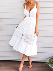 Lacy Split-joint Spaghetti-neck Maxi Dress