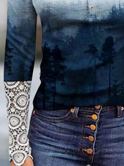 Landscape Print Crew Neck Regular Fit Buttoned T-Shirts
