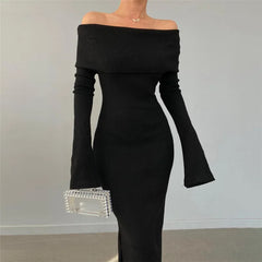 Off-Shoulder Lapel Neck  Long Sleeve Maxi Dress