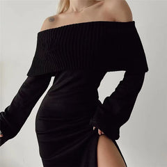 Off-Shoulder Lapel Neck  Long Sleeve Maxi Dress