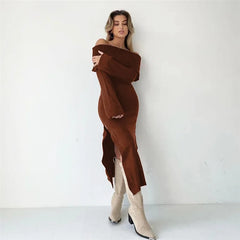 Off-Shoulder Lapel Neck  Long Sleeve Maxi Dress