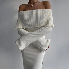 Off-Shoulder Lapel Neck  Long Sleeve Maxi Dress