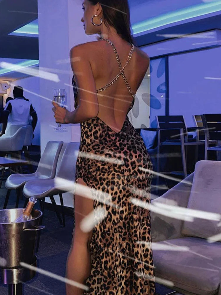 Leopard Chain Strap Side Slit Bodycon Streetwear Festival Evening Midi Dresses