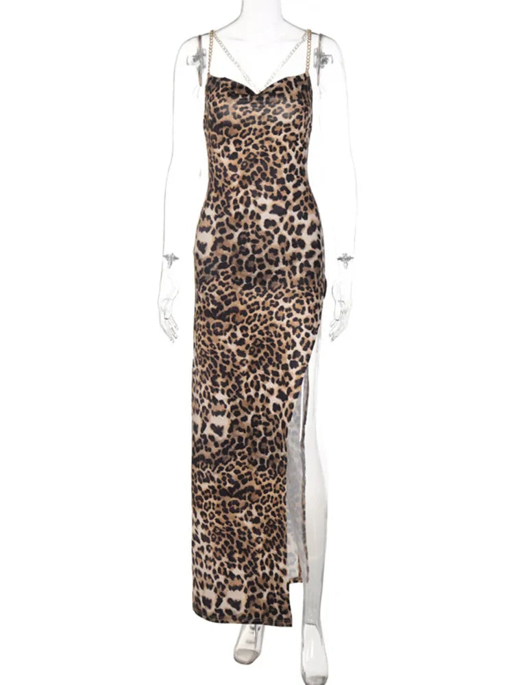 Leopard Chain Strap Side Slit Backless  Festival Elegant Midi Dresses