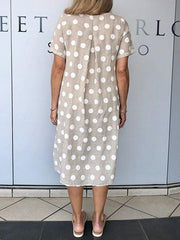 Light Gray Shift Short Sleeve Polka Dots Pockets Dresses