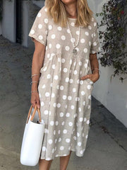 Light Gray Shift Short Sleeve Polka Dots Pockets Dresses