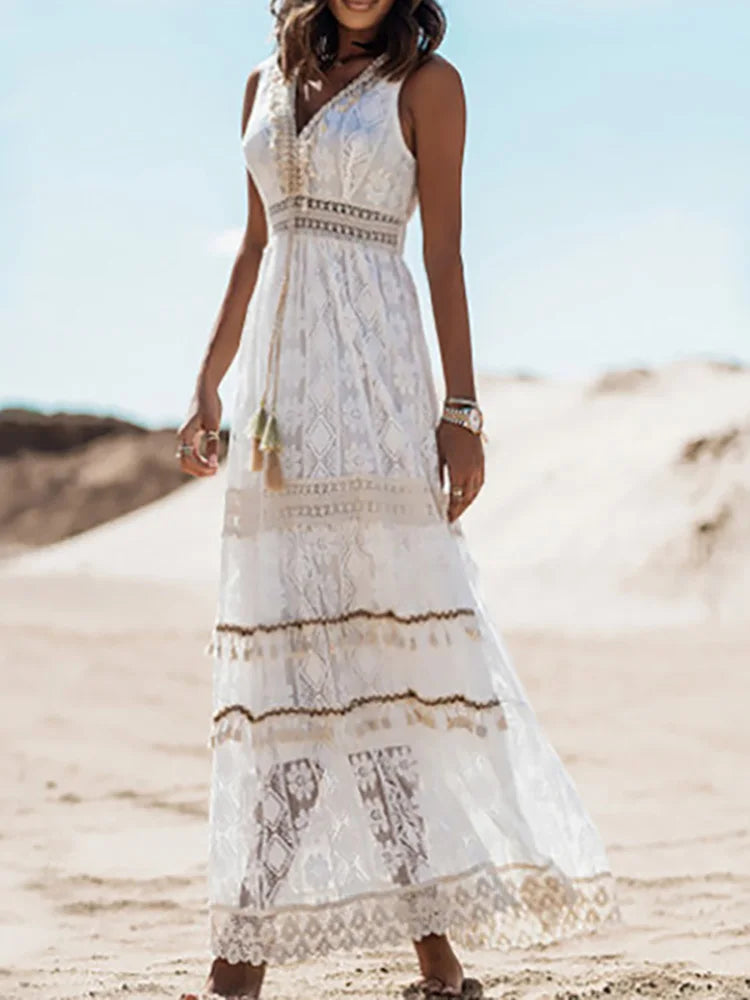 Retro Boho Lace Maxi Dress White Wedding Boho Dress