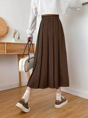 Brown Summer Korean Fashion High Waist Midi Elegant A-Line Skirt