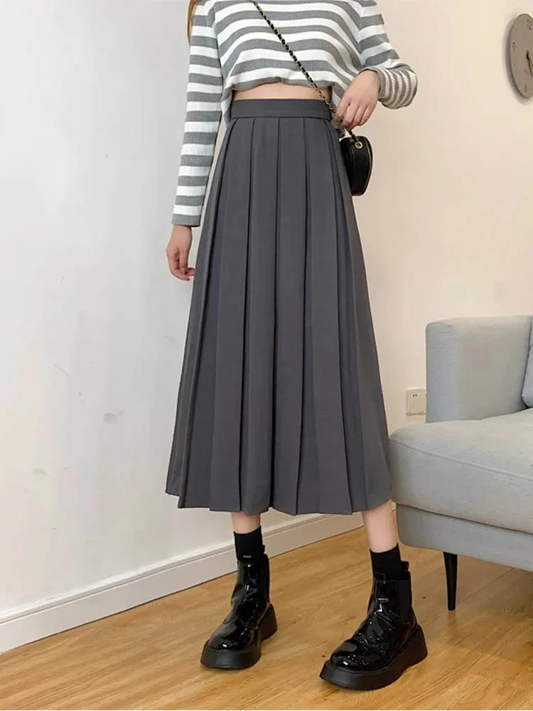 Brown Summer Korean Fashion High Waist Midi Elegant A-Line Skirt