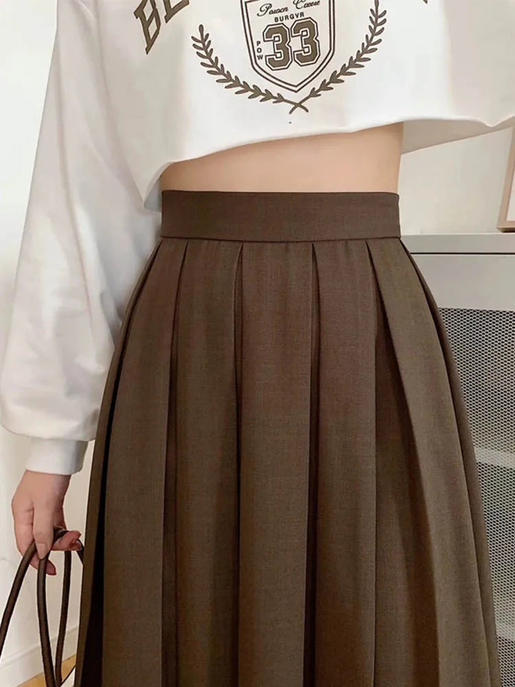 Brown Summer Korean Fashion High Waist Midi Elegant A-Line Skirt