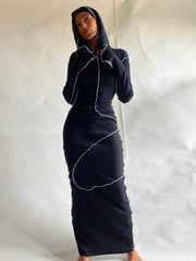 Patchwork Hooded Long Sleeve Skinny Maxi Dress