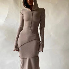 Patchwork Hooded Long Sleeve Skinny Maxi Dress