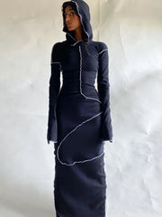 Patchwork Hooded Long Sleeve Skinny Maxi Dress