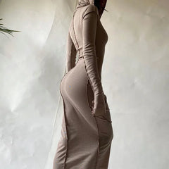 Patchwork Hooded Long Sleeve Skinny Maxi Dress