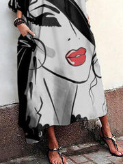 Loose Casual Abstract Print Crew Neck Three Quarter Sleeves Dress Maxi Dress