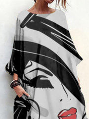 Loose Casual Abstract Print Crew Neck Three Quarter Sleeves Dress Maxi Dress