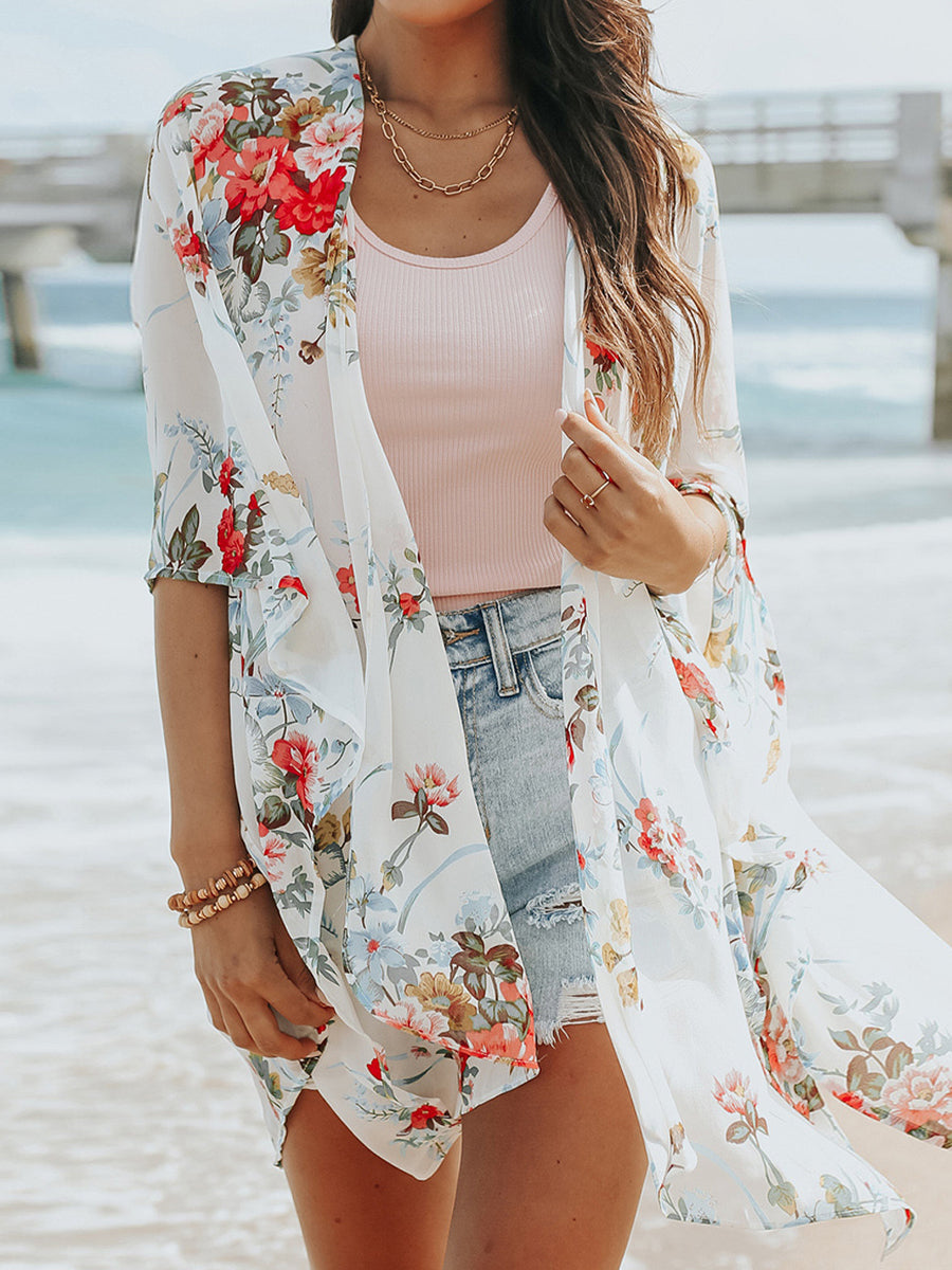 Loose Casual Floral Print Beach Sun Protection Short Sleeve Cardigan