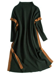 Green Paneled Elegant Stand Collar Knitted Dress
