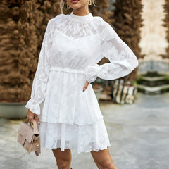 Elegant Chic Jacquard Lantern Sleeve Floral Dress