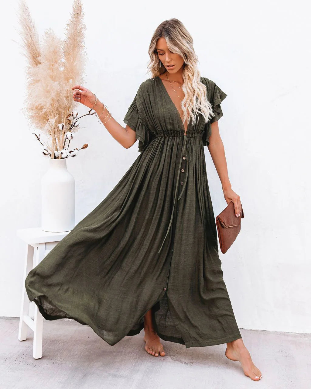 Elegant V-neck Maternity Boho Dress for Photoshoot