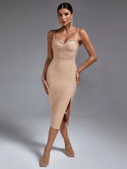 Crystal Party Elegant Nude Embellished Midi Bodycon Dress