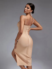Crystal Party Elegant Nude Embellished Midi Bodycon Dress