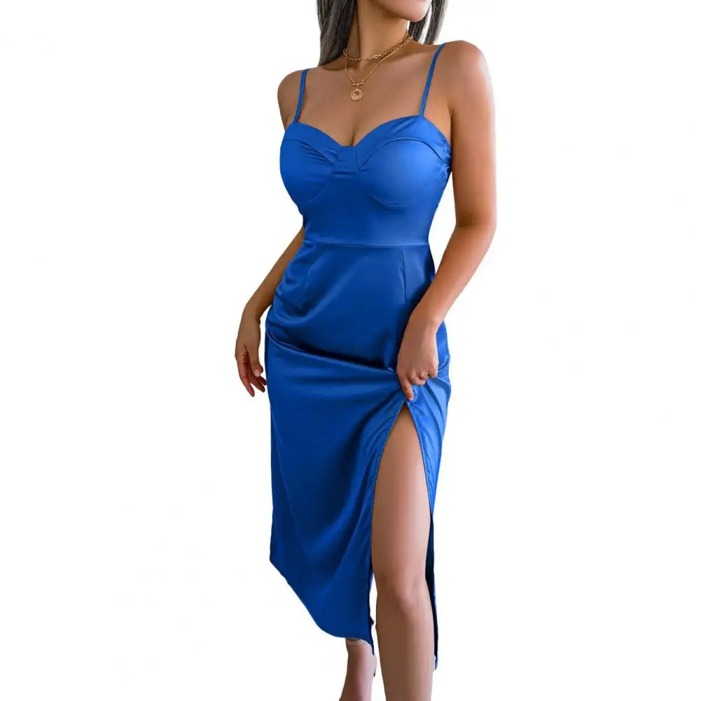 Satin Pure Color Sleeveless Versatile Beach Streetwear Long Midi Dress