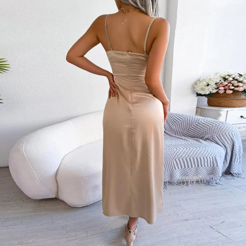 Satin Pure Color Sleeveless Versatile Beach Streetwear Long Midi Dress