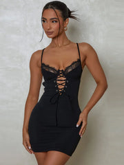 Black Lace Spaghetti Strap Backless Mini Dress Cut Out Dresses