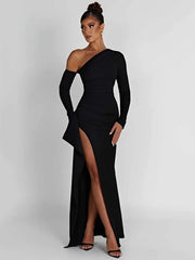 Mozision Oblique Shoulder Thigh High Split Long Sleeve Maxi Dress