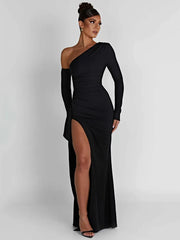 Mozision Oblique Shoulder Thigh High Split Long Sleeve Maxi Dress