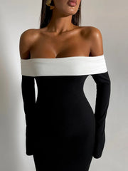 Contrast Color Off-shoulder Backless Maxi Dress