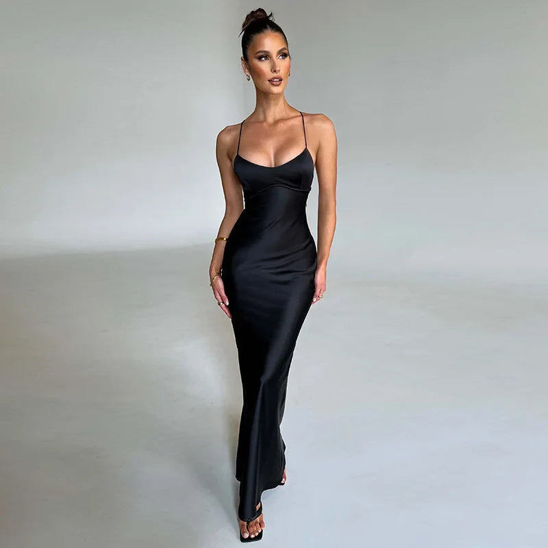 Satin Backless Spaghetti Strap Sleeveless Bodycon Maxi Dress