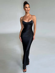 Satin Backless Spaghetti Strap Sleeveless Bodycon Maxi Dress